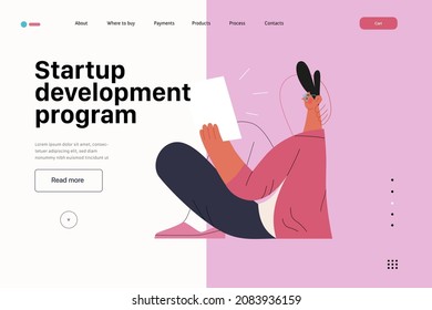 Startup illustration, website landing template Flat line vector modern concept illustration, startup metaphor. Concept of building new business, strategy, company processes. Startup development