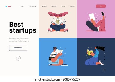 Startup illustration, website landing template Flat line vector modern concept illustration, startup metaphor. Concept of building new business, strategy, company processes. Best startups