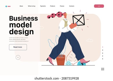 Startup illustration, website landing template Flat line vector modern concept illustration, startup metaphor. Concept of building new business, strategy, company processes. Business model design