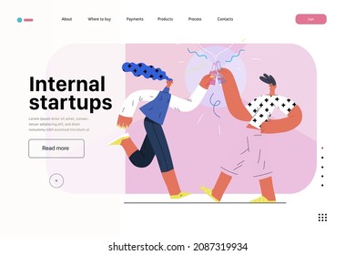 Startup illustration, website landing template Flat line vector modern concept illustration, startup metaphor. Concept of building new business, strategy, company processes. Internal startups