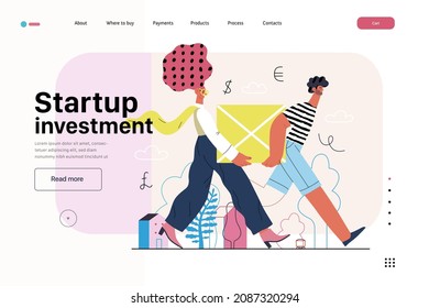 Startup illustration, website landing template Flat line vector modern concept illustration, startup metaphor. Concept of building new business, strategy, company processes. Startup investment
