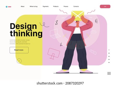 Startup illustration, website landing template Flat line vector modern concept illustration, startup metaphor. Concept of building new business, strategy, company processes. Design thinking