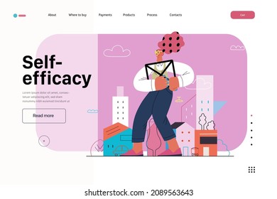 Startup illustration, website landing template Flat line vector modern concept illustration, startup metaphor. Concept of building new business, strategy, company processes. Self efficacy