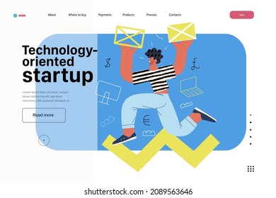 Ilustración de inicio, planilla de aterrizaje de sitio Plano vector de línea moderna ilustración de concepto, metáfora de inicio. Concepto de construcción de nuevos negocios, estrategias, procesos de empresa. Orientado a la tecnología