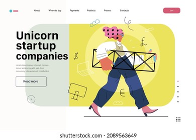 Startup illustration, website landing template Flat line vector modern concept illustration, startup metaphor. Concept of building new business, strategy, company processes. Unicorn startup companies