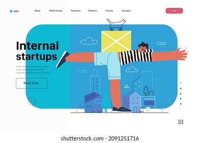 Startup illustration, website landing template Flat line vector modern concept illustration, startup metaphor. Concept of building new business, strategy, company processes. Internal startups