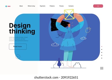Startup illustration, website landing template Flat line vector modern concept illustration, startup metaphor. Concept of building new business, strategy, company processes. Design thinking