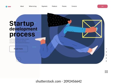 Ilustración de inicio, planilla de aterrizaje de sitio Plano vector de línea moderna ilustración de concepto, metáfora de inicio. Concepto de construcción de nuevos negocios, estrategias, procesos de empresa. Desarrollo de inicio