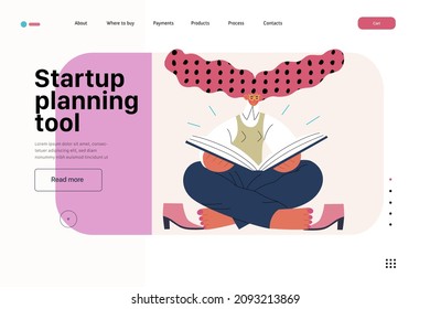 Startup illustration, website landing template Flat line vector modern concept illustration, startup metaphor. Concept of building new business, strategy, company processes. Startup planning tool