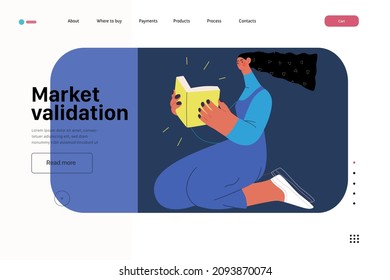 Startup illustration, website landing template Flat line vector modern concept illustration, startup metaphor. Concept of building new business, strategy, company processes. Market validation