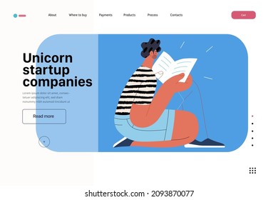 Startup illustration, website landing template Flat line vector modern concept illustration, startup metaphor. Concept of building new business, strategy, company processes. Unicorn startup companies