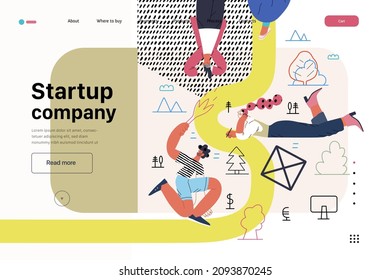 Startup illustration, website landing template Flat line vector modern concept illustration, startup metaphor. Concept of building new business, strategy, company processes. Startup company