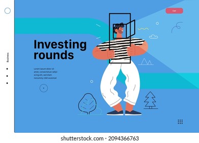 Startup illustration, website landing template Flat line vector modern concept illustration, startup metaphor. Concept of building new business, strategy, company processes. Investing rounds