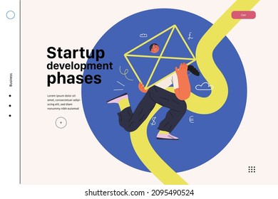 Startup illustration, website landing template Flat line vector modern concept illustration, startup metaphor. Concept of building new business, strategy, company processes. Startup development phases