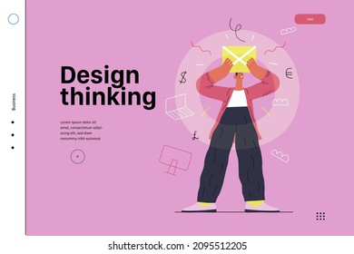 Startup illustration, website landing template Flat line vector modern concept illustration, startup metaphor. Concept of building new business, strategy, company processes. Design thinking