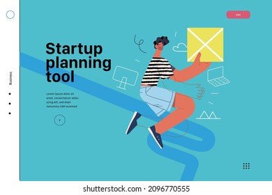 Startup illustration, website landing template Flat line vector modern concept illustration, startup metaphor. Concept of building new business, strategy, company processes. Startup planning tool