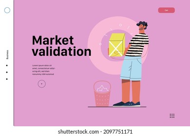 Startup illustration, website landing template Flat line vector modern concept illustration, startup metaphor. Concept of building new business, strategy, company processes. Market validation