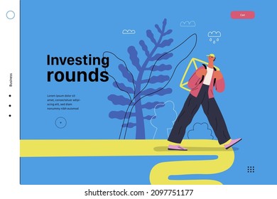 Startup illustration, website landing template Flat line vector modern concept illustration, startup metaphor. Concept of building new business, strategy, company processes. Investing rounds