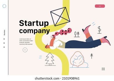 Startup illustration, website landing template Flat line vector modern concept illustration, startup metaphor. Concept of building new business, strategy, company processes. Startup company