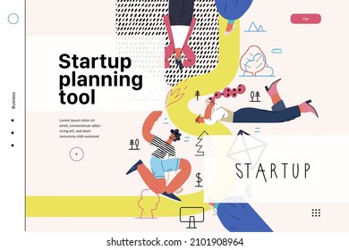 Startup illustration, website landing template Flat line vector modern concept illustration, startup metaphor. Concept of building new business, strategy, company processes. Startup planning tool