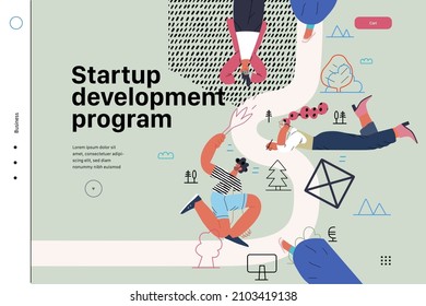 Startup illustration, website landing template Flat line vector modern concept illustration, startup metaphor. Concept of building new business, strategy, company processes Startup development program