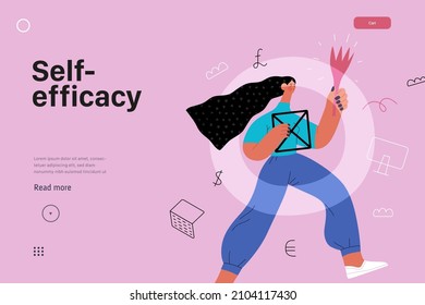 Ilustración de inicio, plantilla de aterrizaje del sitio web. Ilustración de concepto moderno vector de línea plana, metáfora de inicio. Concepto de construcción de nuevos negocios, estrategias, procesos de empresa. Autoeficacia