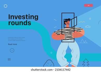 Startup-Illustration, Website-Landing-Vorlage Flache Linie, Vektorgrafik des modernen Konzepts, Startup-Metapher. Konzept des Aufbaus des neuen Geschäfts, Strategie, Unternehmensprozesse. Investitionsrunden