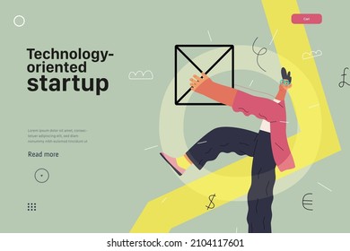 Startup illustration, website landing template Flat line vector modern concept illustration, startup metaphor. Concept of building new business, strategy, company processes Technology oriented startup