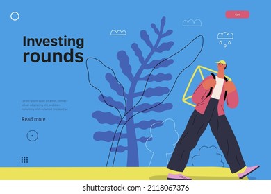 Startup illustration, website landing template Flat line vector modern concept illustration, startup metaphor. Concept of building new business, strategy, company processes. Investing rounds