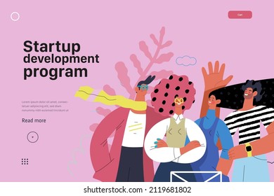 Startup illustration, website landing template Flat line vector modern concept illustration, startup metaphor. Concept of building new business, strategy, company processes. Startup development