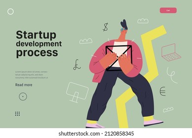 Startup illustration, website landing template Flat line vector modern concept illustration, startup metaphor. Concept of building new business, strategy, company processes Startup development process