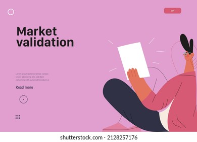 Startup illustration, website landing template Flat line vector modern concept illustration, startup metaphor. Concept of building new business, strategy, company processes. Market validation
