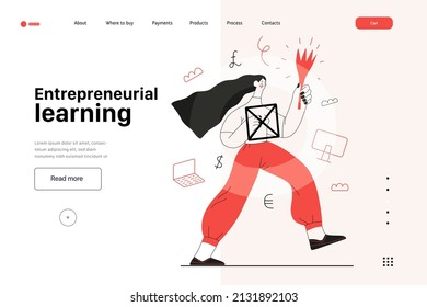 Startup illustration, website landing template. Flat line vector modern concept illustration, startup metaphor. Concept of building new business, strategy, company processes. Entrepreneurial learning