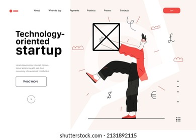 Startup illustration, website landing template Flat line vector modern concept illustration, startup metaphor. Concept of building new business, strategy, company processes Technology oriented startup