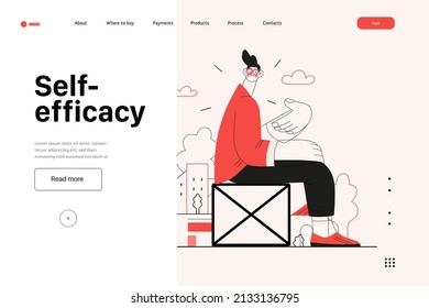 Startup illustration, website landing template Flat line vector modern concept illustration, startup metaphor. Concept of building new business, strategy, company processes. Self efficacy