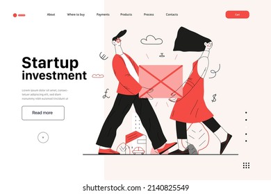 Ilustración de inicio, planilla de aterrizaje de sitio Plano vector de línea moderna ilustración de concepto, metáfora de inicio. Concepto de construcción de nuevos negocios, estrategias, procesos de empresa. Inversión en emprendimiento