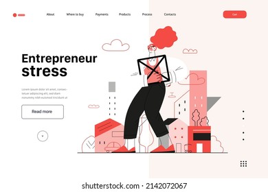 Startup illustration, website landing template Flat line vector modern concept illustration, startup metaphor. Concept of building new business, strategy, company processes. Entrepreneur stress