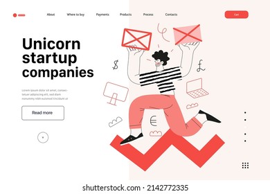Startup illustration, website landing template Flat line vector modern concept illustration, startup metaphor. Concept of building new business, strategy, company processes. Unicorn startup companies