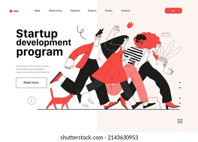 Startup illustration, website landing template Flat line vector modern concept illustration, startup metaphor. Concept of building new business, strategy, company processes. Startup development