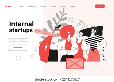 Startup illustration, website landing template Flat line vector modern concept illustration, startup metaphor. Concept of building new business, strategy, company processes. Internal startups