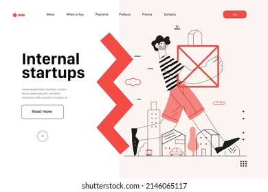 Startup illustration, website landing template Flat line vector modern concept illustration, startup metaphor. Concept of building new business, strategy, company processes. Internal startups