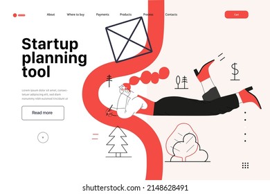 Startup illustration, website landing template Flat line vector modern concept illustration, startup metaphor. Concept of building new business, strategy, company processes. Startup planning tool