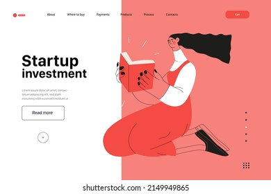 Ilustración de inicio, planilla de aterrizaje de sitio Plano vector de línea moderna ilustración de concepto, metáfora de inicio. Concepto de construcción de nuevos negocios, estrategias, procesos de empresa. Inversión en emprendimiento