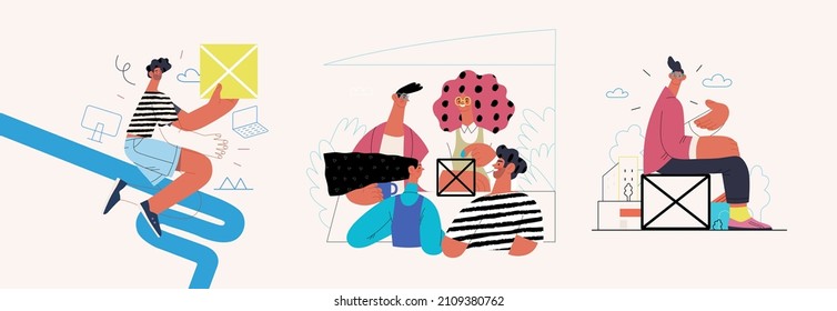 Startup illustrations set. Flat line vector modern concept illustration of people, startup metaphor. Concept of building new business, planning, strategy, teamwork and management. Company processes