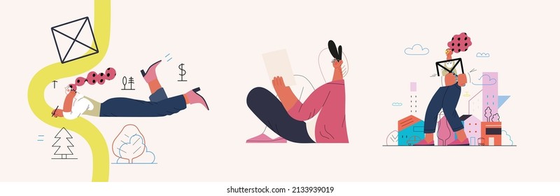 Startup illustrations set. Flat line vector modern concept illustration of people, startup metaphor. Concept of building new business, planning, strategy, teamwork and management. Company processes