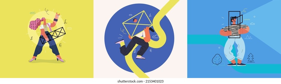 Startup illustrations set. Flat line vector modern concept illustration of people, startup metaphor. Concept of building new business, planning, strategy, teamwork and management. Company processes
