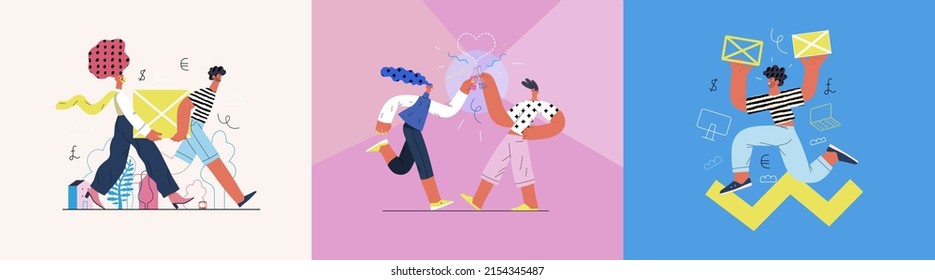 Startup illustrations set. Flat line vector modern concept illustration of people, startup metaphor. Concept of building new business, planning, strategy, teamwork and management. Company processes