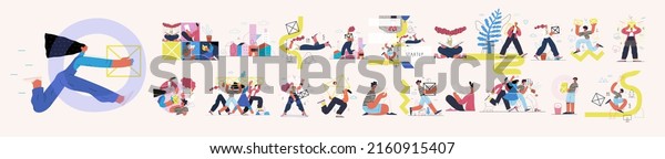Startup illustrations set. Flat line vector\
modern concept illustration of people, startup metaphor. Concept of\
building new business, planning, strategy, teamwork and management.\
Company processes
