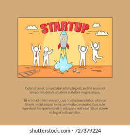 Startup image depicting happy people because of launching rocket, metaphorical to establishment of own business with text on vector Illustration