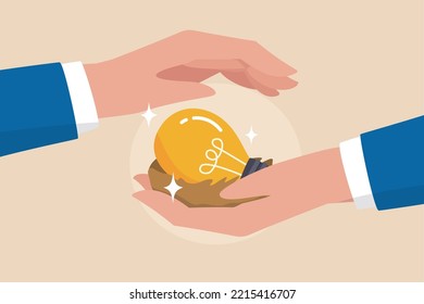 Startup incubator, funding business since early bird or beginning, success business idea or innovation, venture capital concept, businessman hand cover incubate startup lightbulb idea in bird nest.